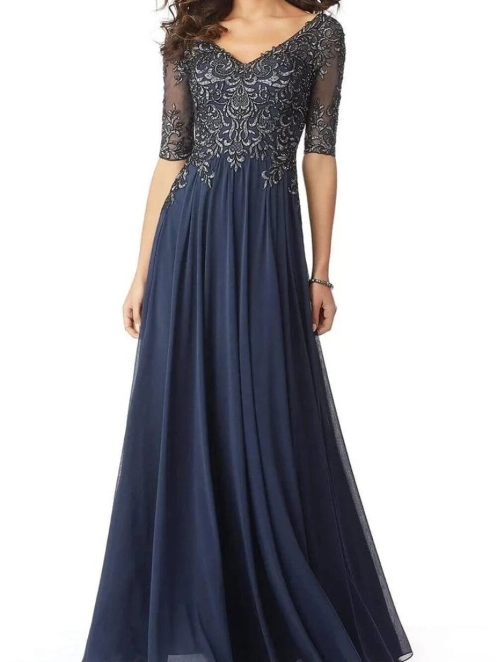 MGNY By Mori Lee Indigo Blue Embroidered V-neck A-line Gown